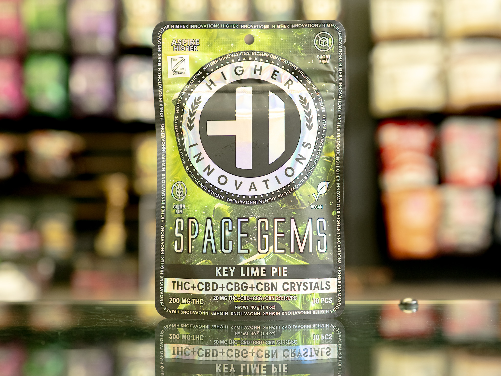 Photograph of product: Higher Innovations | Key Lime Pie Space Gems | 2:1:1:1/PC TH-oui:CBD:CBG:CBN 10pc Hard Candy