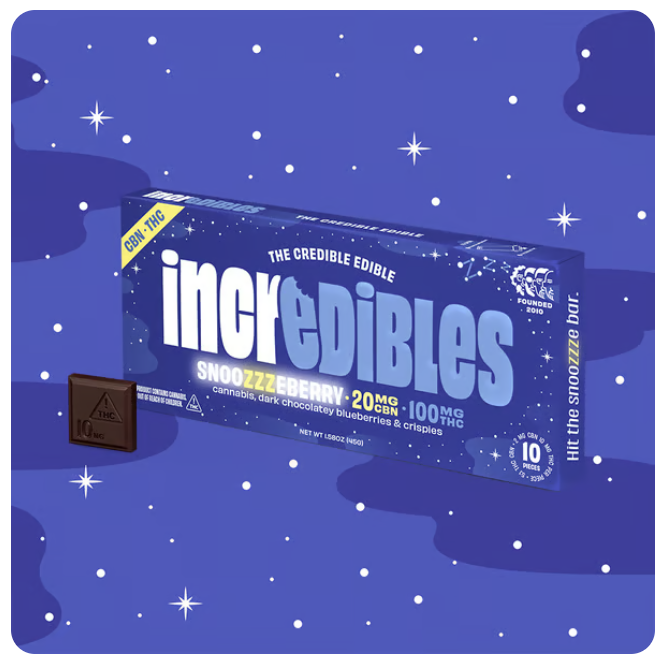 Photograph of product: Incredibles - Chocolate Bar - Snoozzzeberry (5:1 TH-oui:CBN) (120mg)