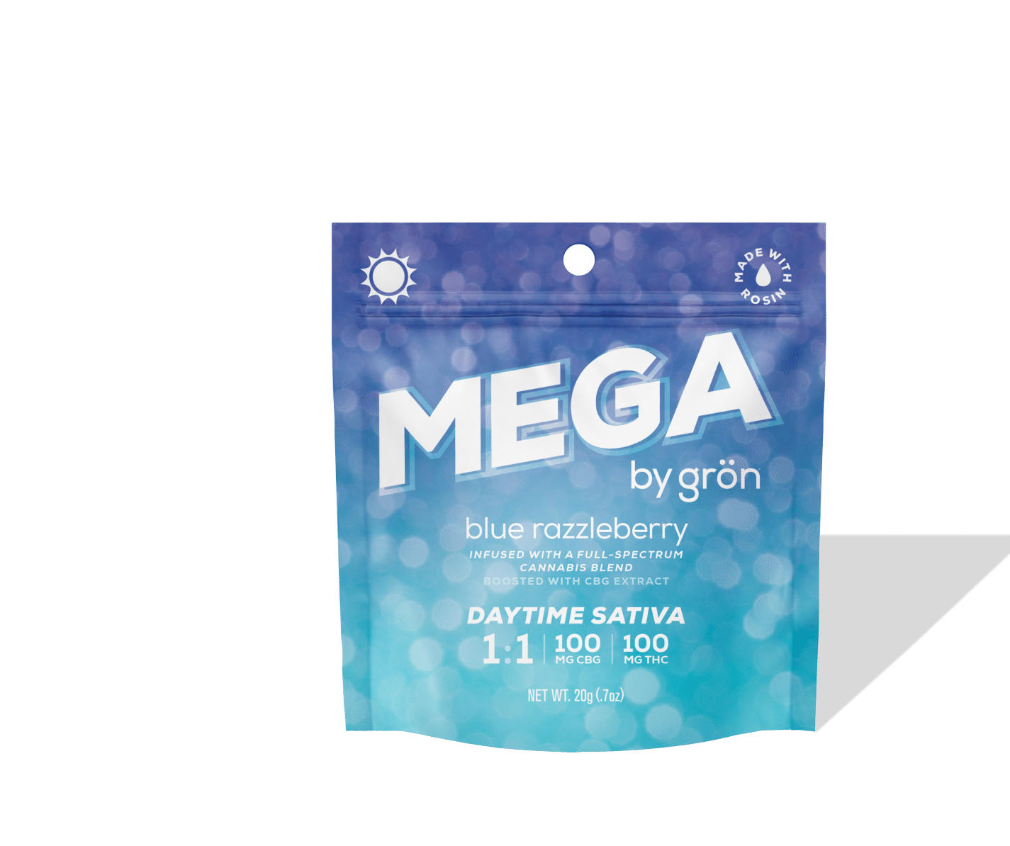 Photograph of product: Gron | Mega | Blue Razzleberry | Oui'd | TH-oui:CBG | 1pk Gummie | 100mg