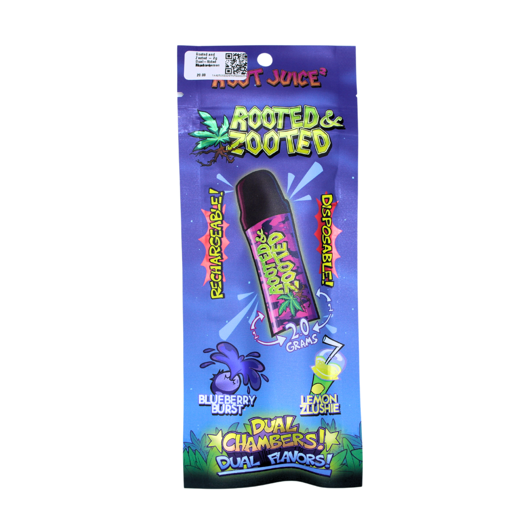 Photograph of product: Rooted and Zooted - 2g Dual-Sided Vape - Blueberry Burst x Lemon Zlushie