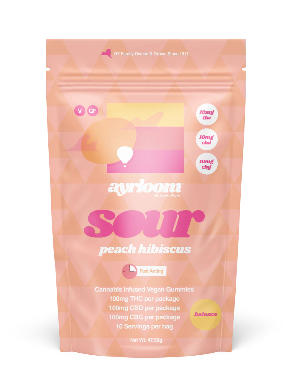 Photograph of product: Ayrloom - Sour Peach Hibiscus - 10ct 1:1:1 (TH-oui:CBD:CBG) Gummies