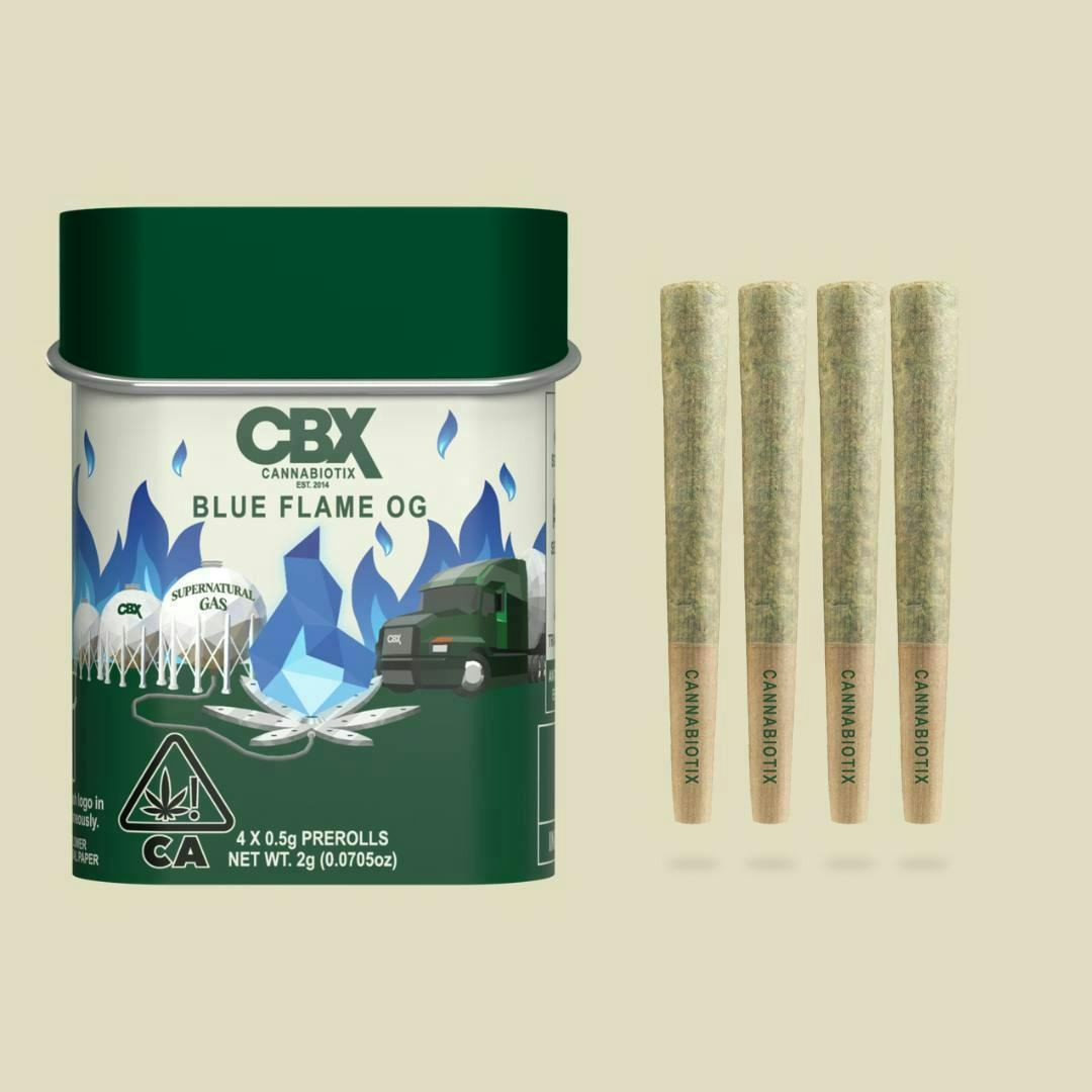 Photograph of product: CBX - Blue Flame OG Preroll Tin 4pk - 2g