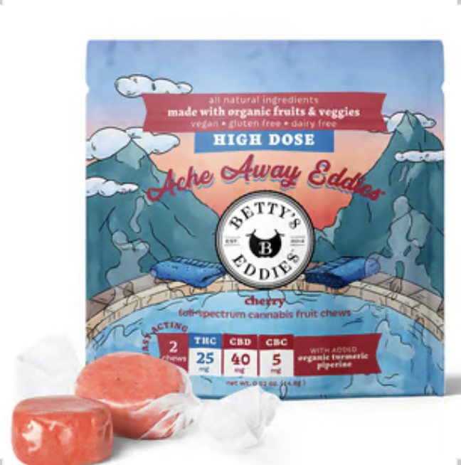 Photograph of product: BETTY'S EDDIES ACHE AWAY EDDIES CHERRY 2PK FRUIT CHEWS 50MG