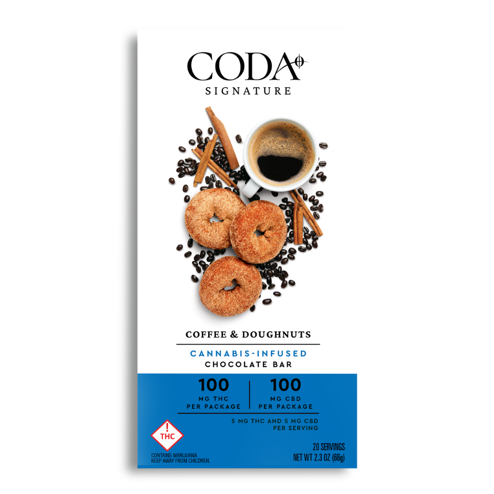 Photograph of product: Coffee & Doughnuts (1:1 TH-oui:CBD) - 100mg Chocolate Bar - Coda