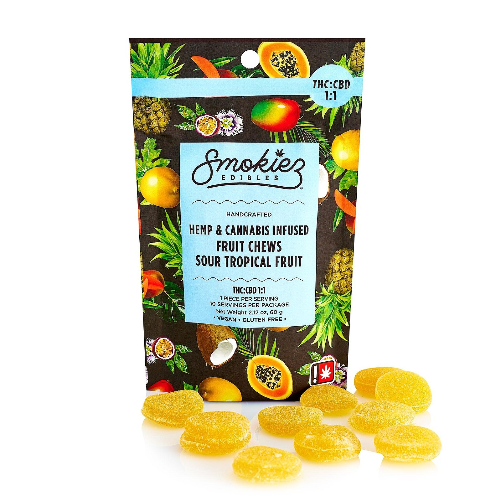 Photograph of product: (1:1) Sour Tropical Fruit 100mg TH-oui/100mg CBD(Net.Wt.60g/2.12oz)