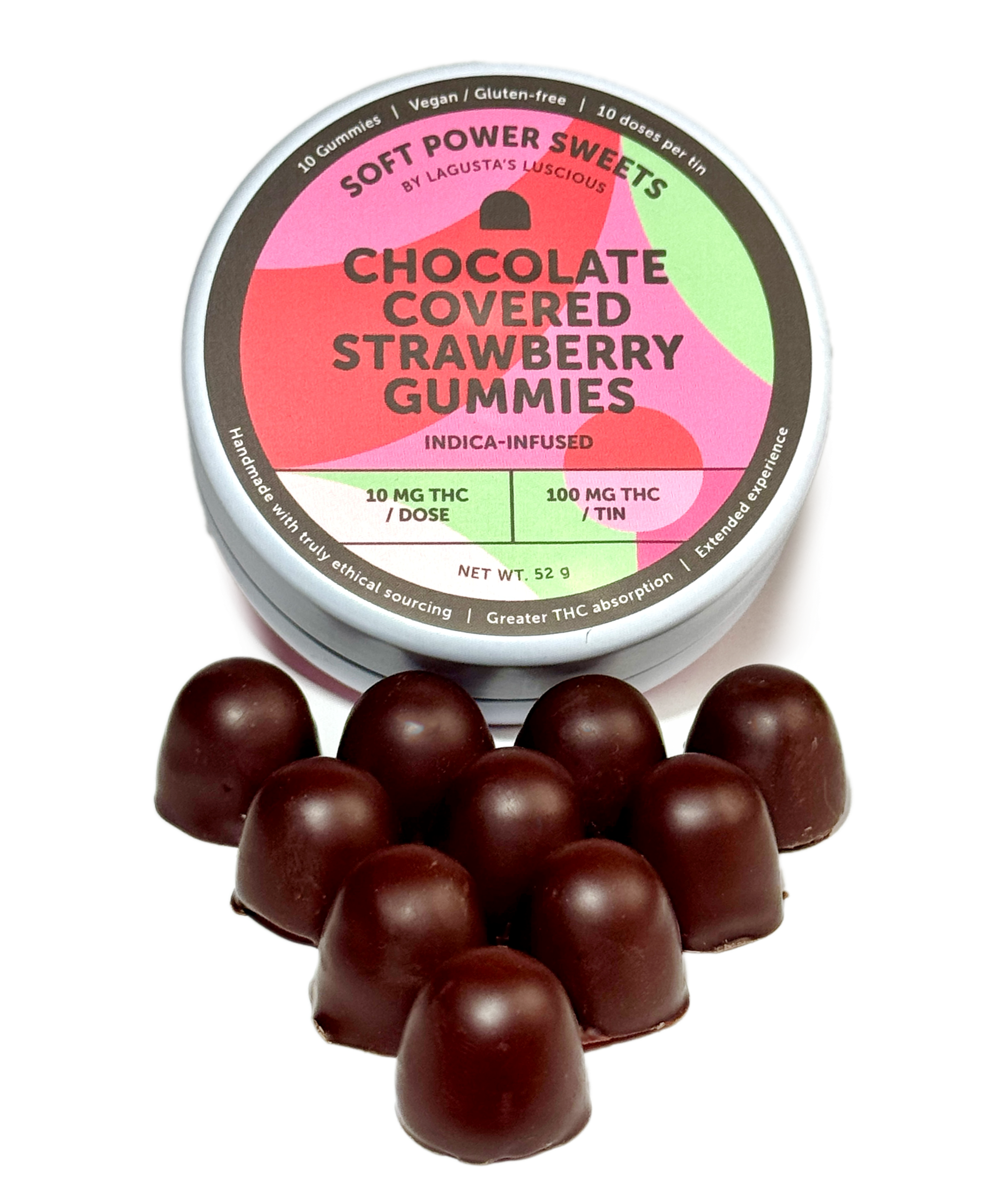 Photograph of Product: Soft Power Sweets - Chocolate Covered Strawberry Gummies - 10ct Chocolate Covered Gummies