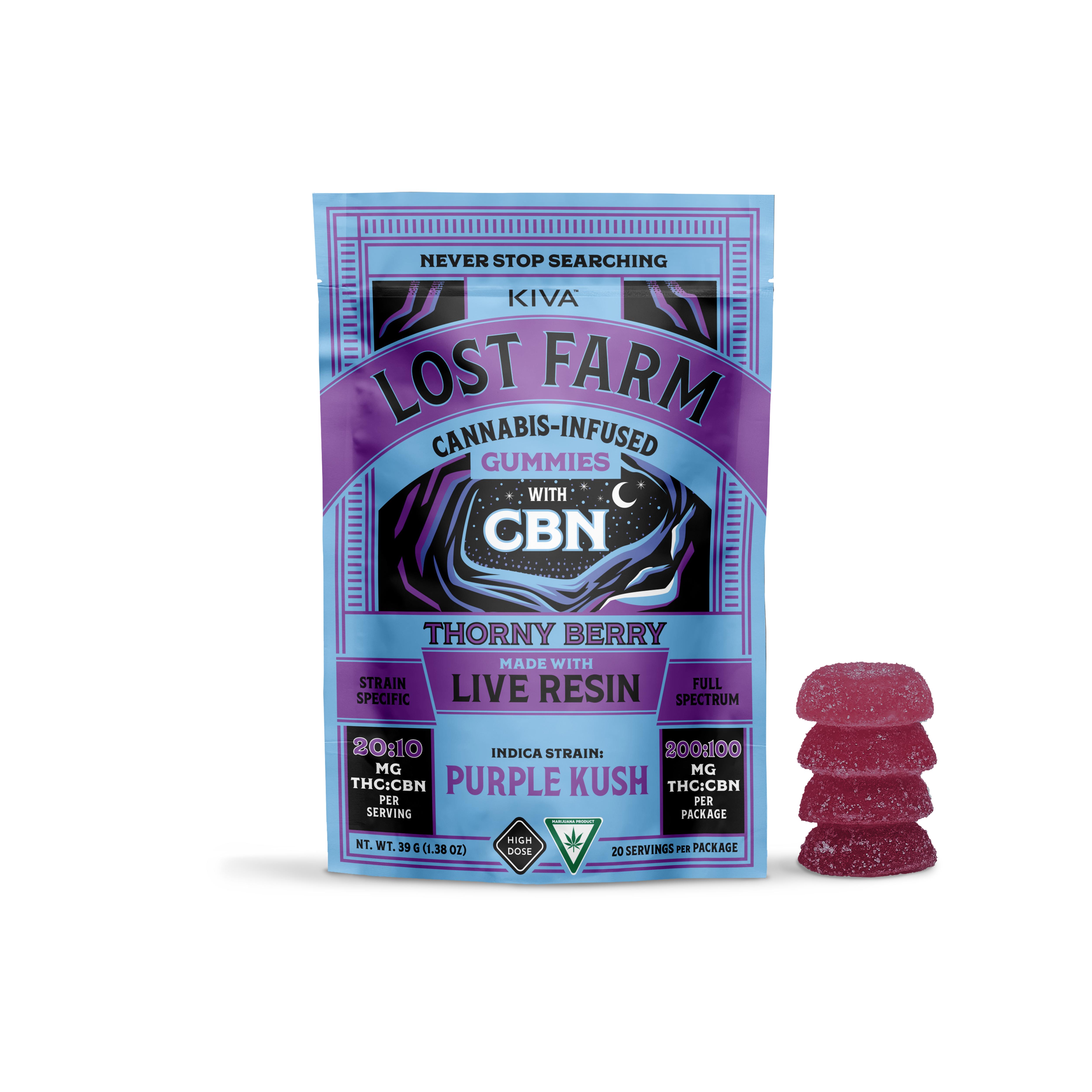 Photograph of product: Lost Farm Thorny Berry (TH-oui:CBN) Live Resin High Dose Gummies-20 Pack
