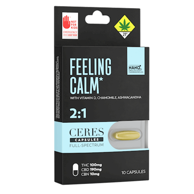 Photograph of product: Ceres | Feeling Calm | Capsules | DOH | 10pk | 2:1 | 100mg TH-oui : 190mg CBD : 10mg CBN