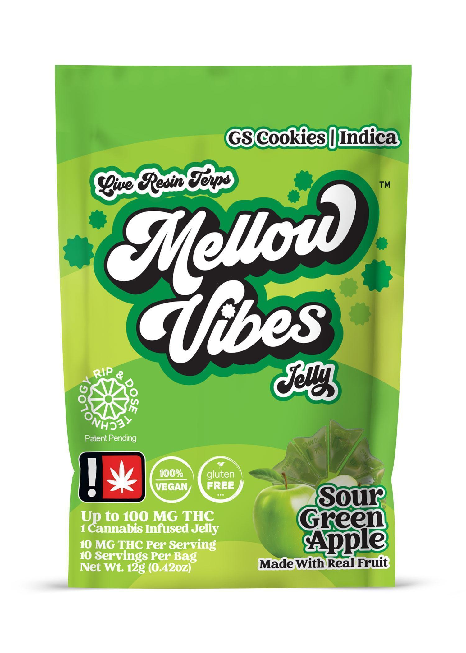 Photograph of product: Mellow Vibes Sour Green Apple Live Resin Single Gummy 100mg
