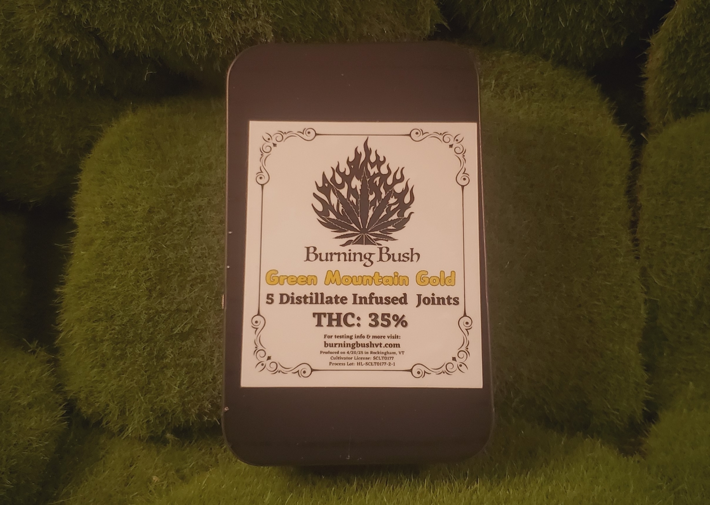 Photograph of product: Distillate Infused Pre Roll 5 Pack | Green Mountain Gold | Burning Bush Farm