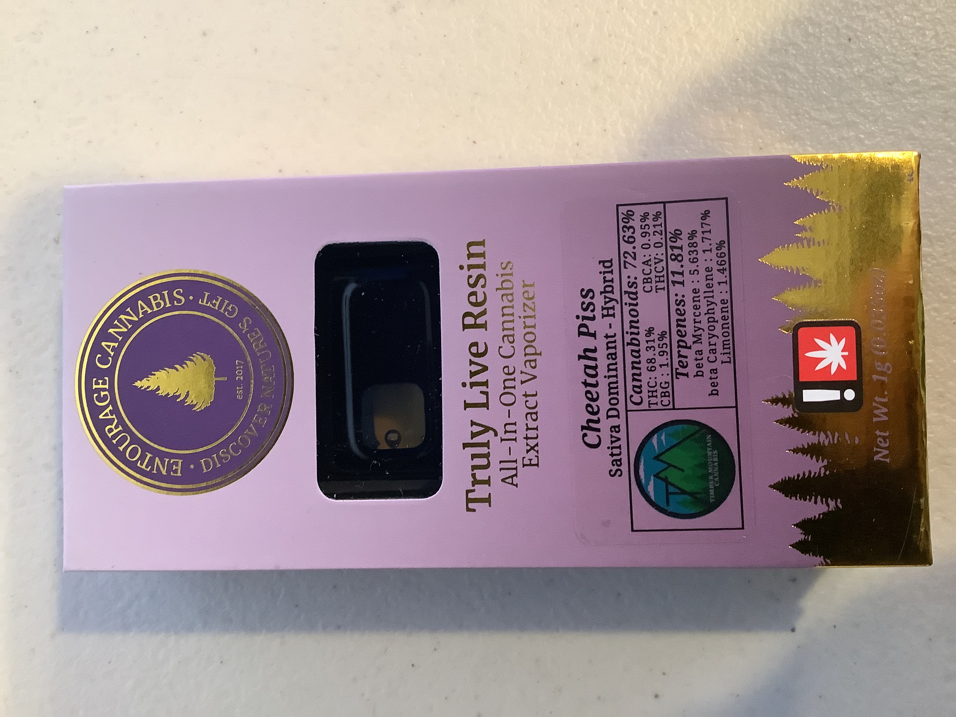Photograph of product: Entourage Oui'd | CHEETAH PISS Disposable Live Resin Cartridge | 1g