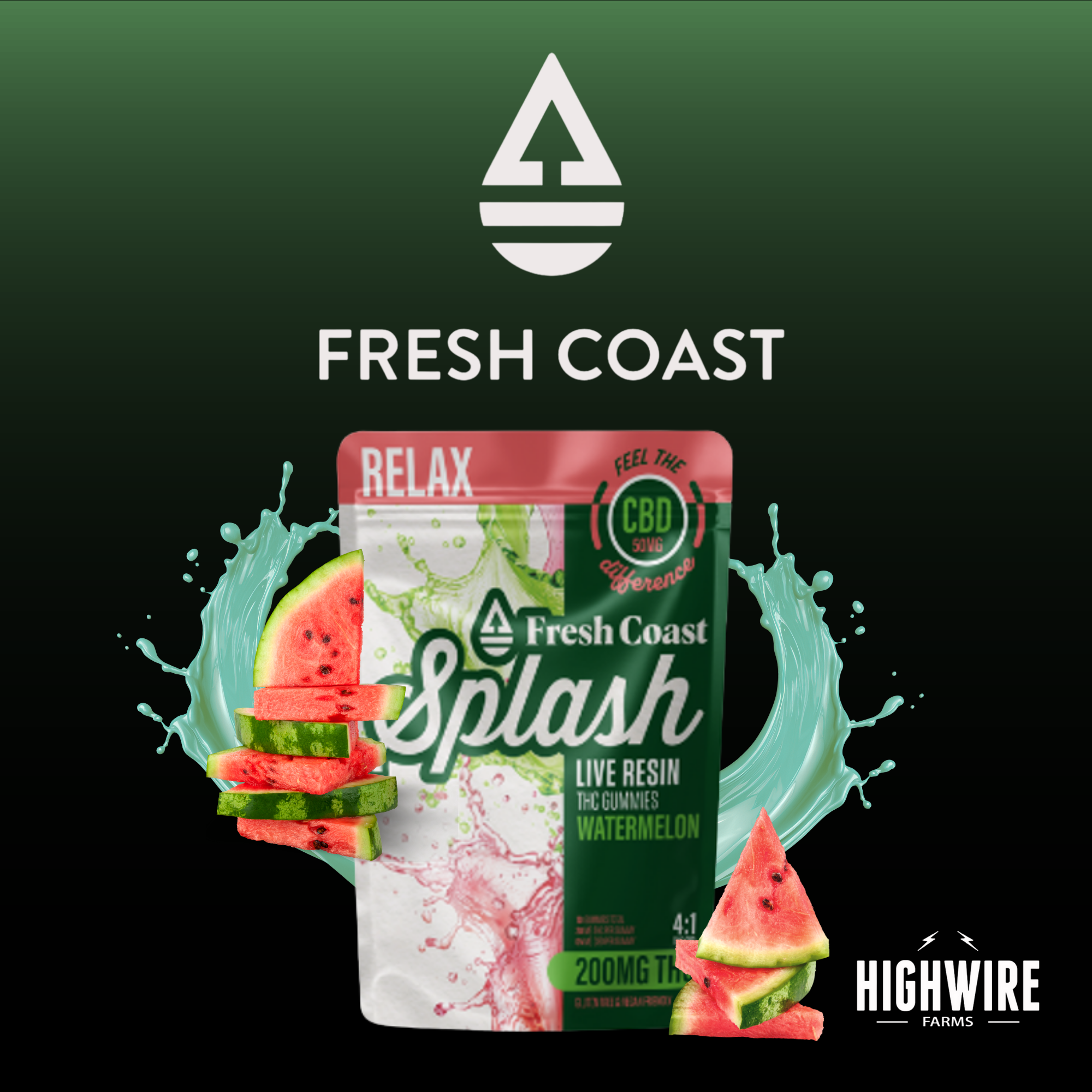 Photograph of product: Fresh Coast Splash - Watermelon - 4:1 Relax Gummies - 200mg - Hybrid