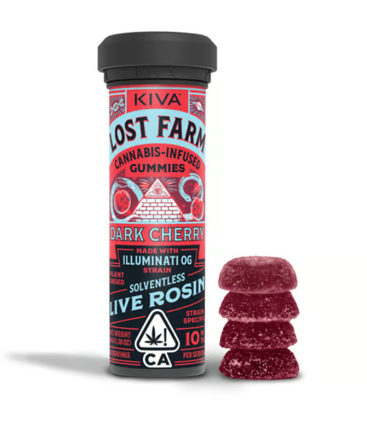 Photograph of product: Dark Cherry x Illuminati OG [I] | 100mg (10pk) Live Rosin Gummies | Lost Farm