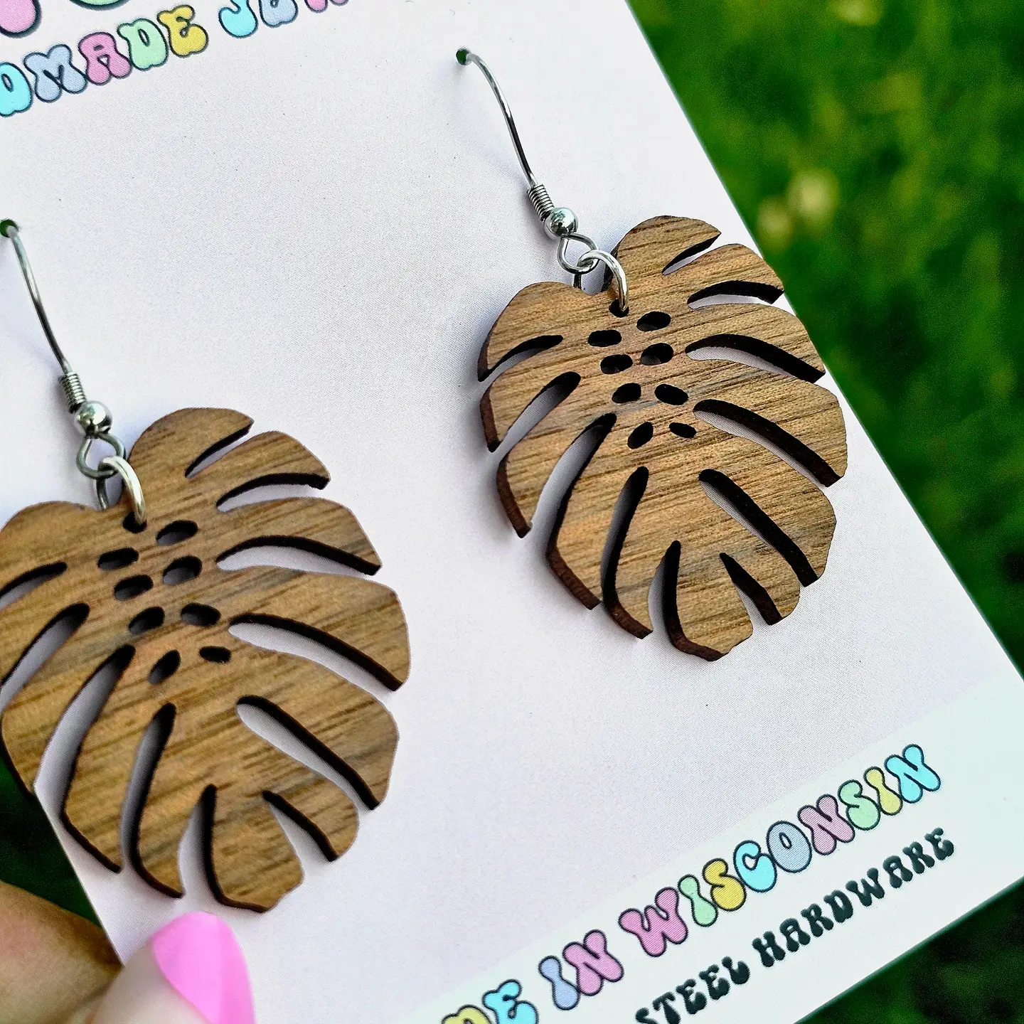 Photograph of product: Earrings | Wooden Monstera - Walnut Wood Summer | Jedi Woods Handmade