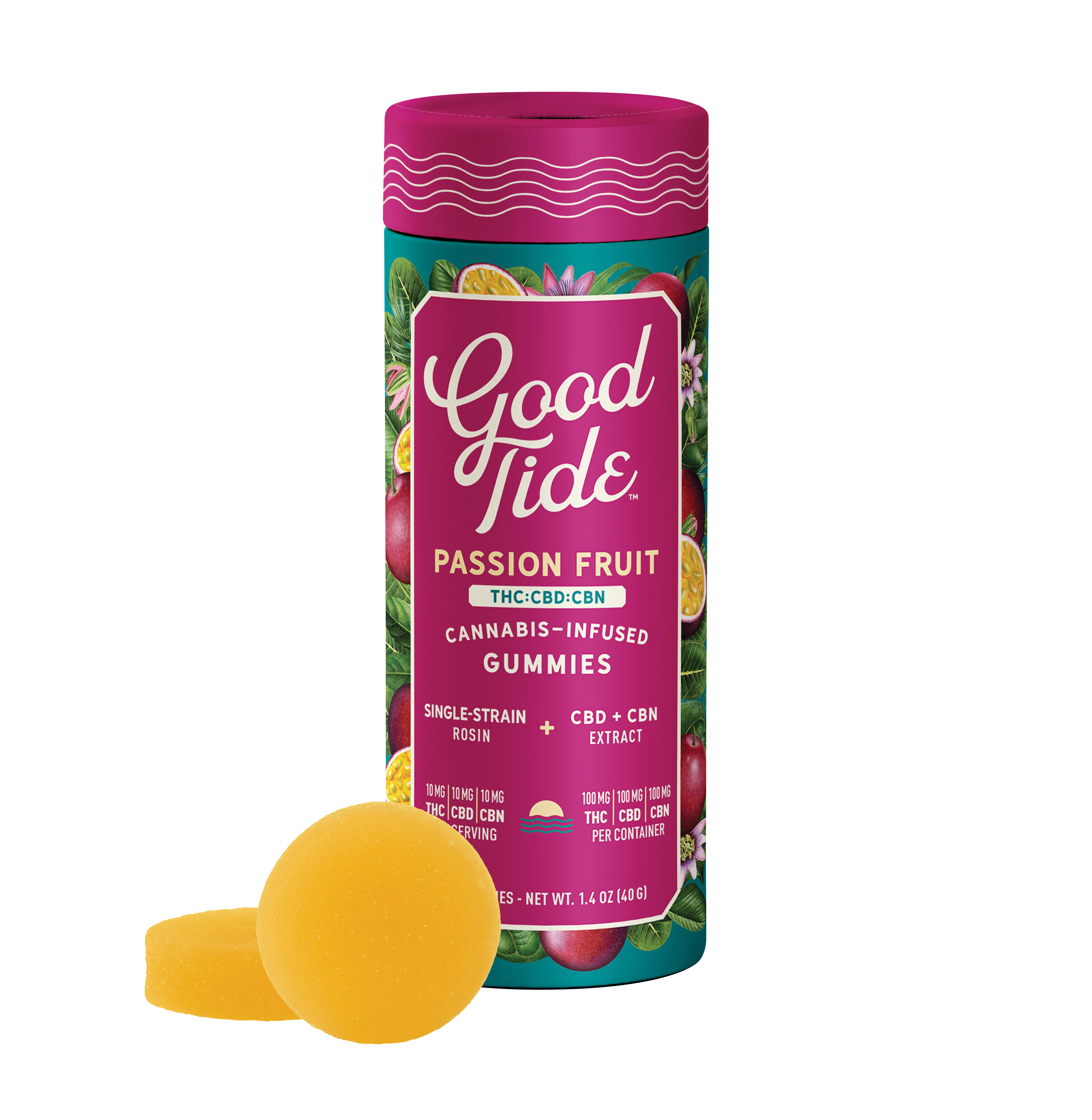Photograph of product: Good Tide - Passion Fruit Rosin Gummies 1:1:1 TH-oui:CBD:CBN
