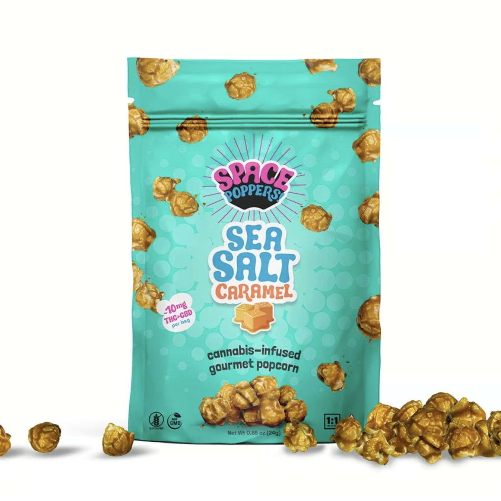 Photograph of product: 10mg Popcorn | 1:1 Sea Salt Caramel | Space Poppers