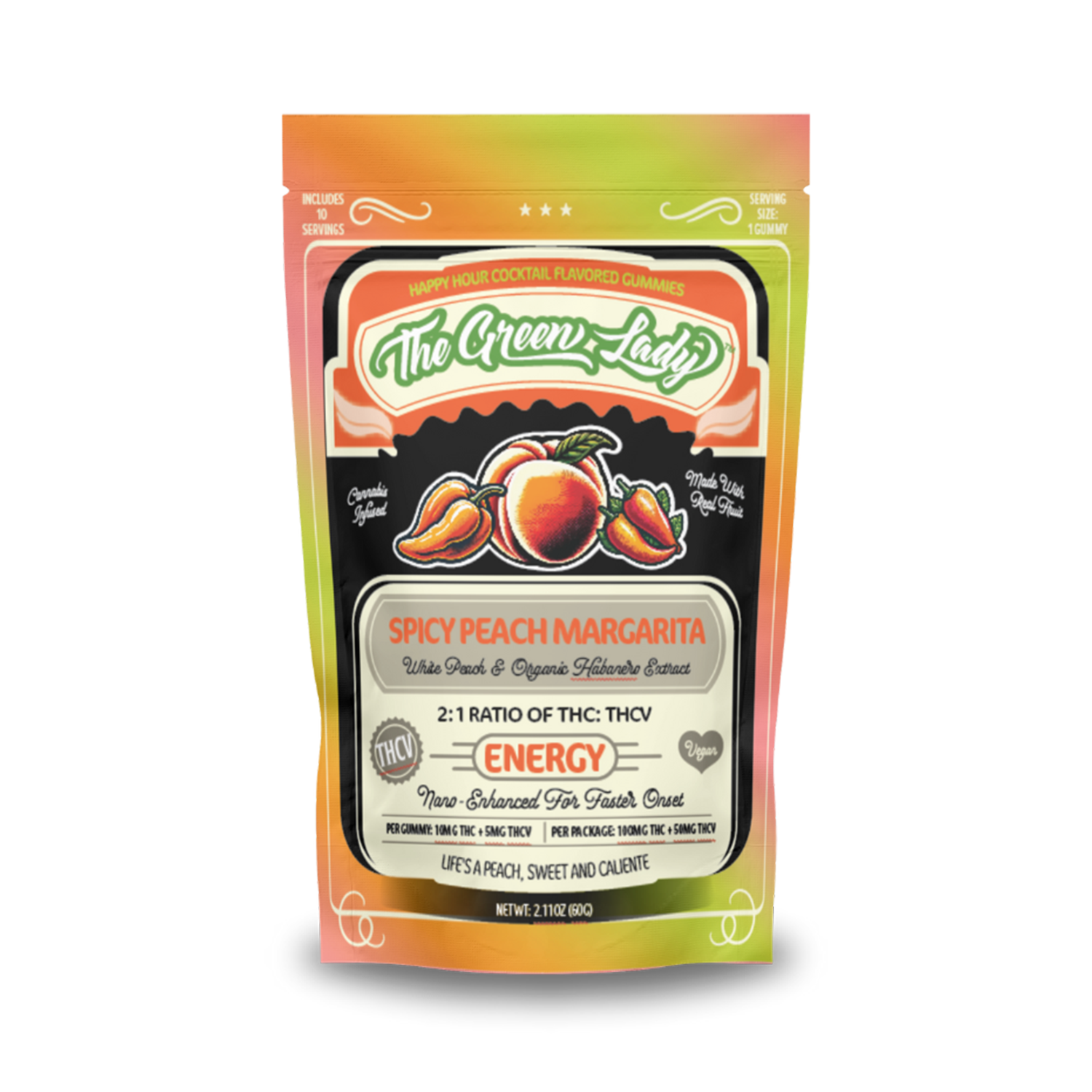 Photograph of product: The Green Lady | 2:1 Spicy Peach Margarita Gummies | 10mgTH-oui:5mgTH-ouiV | 10pk