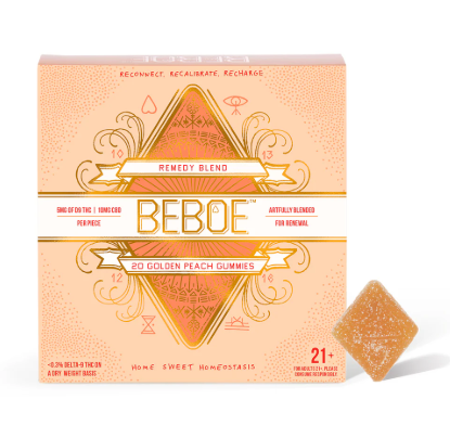 Photograph of product: BEBOE - SOUR GOLDEN PEACH GUMMIES (2:1) (CBD:TH-oui) (20PK) (300MG) (H)