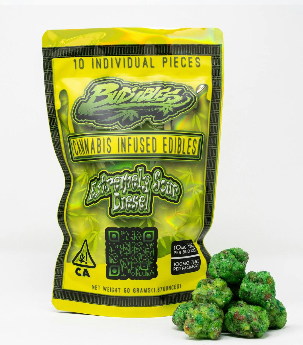 Photograph of product: Budibles - Extremly Sour Diesel Buds - Candy Marshmellow Treats - 100mg