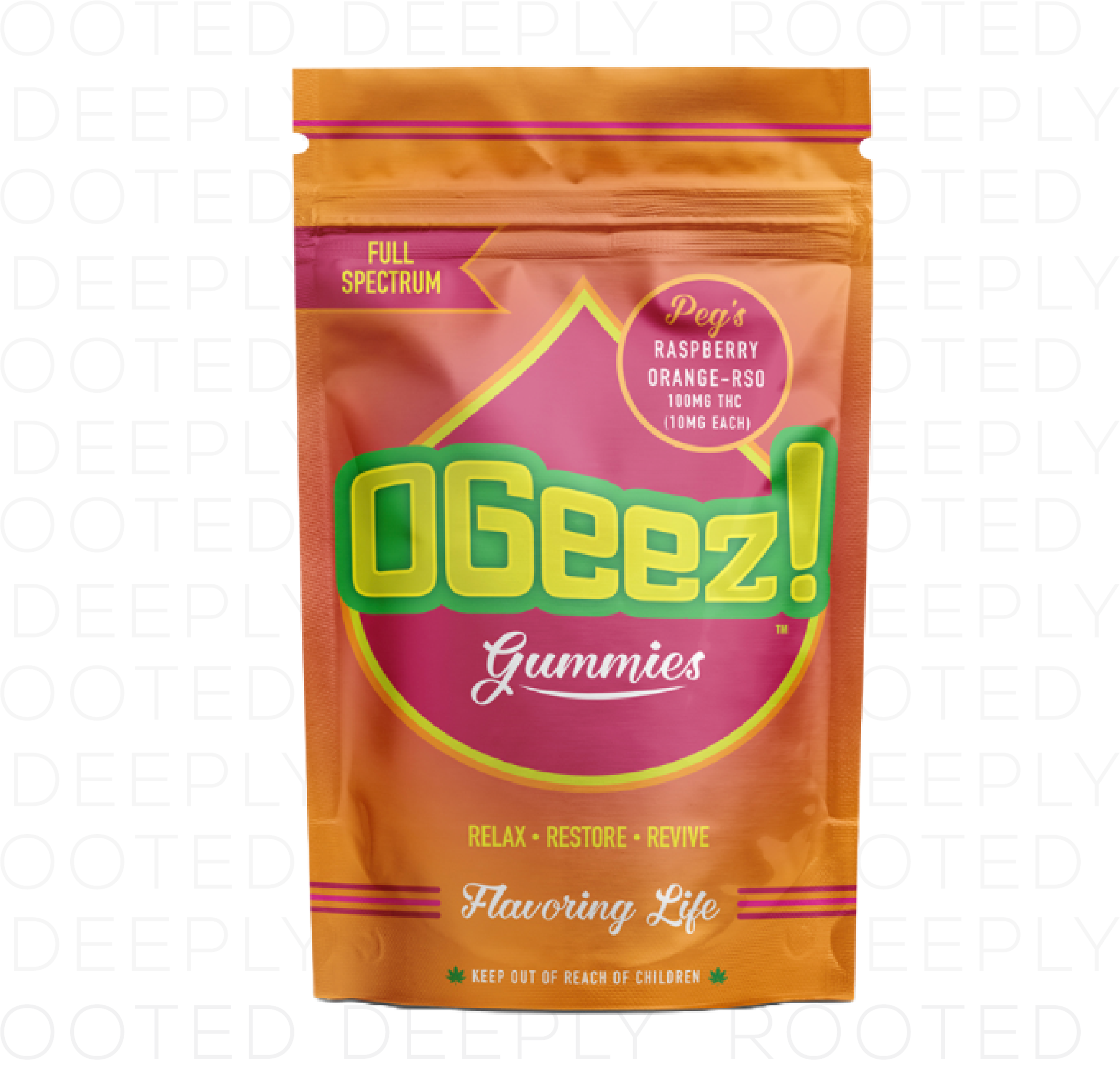 Photograph of product: Ogeez | 100mg RSO Gummy | Peg's Raspberry Orange
