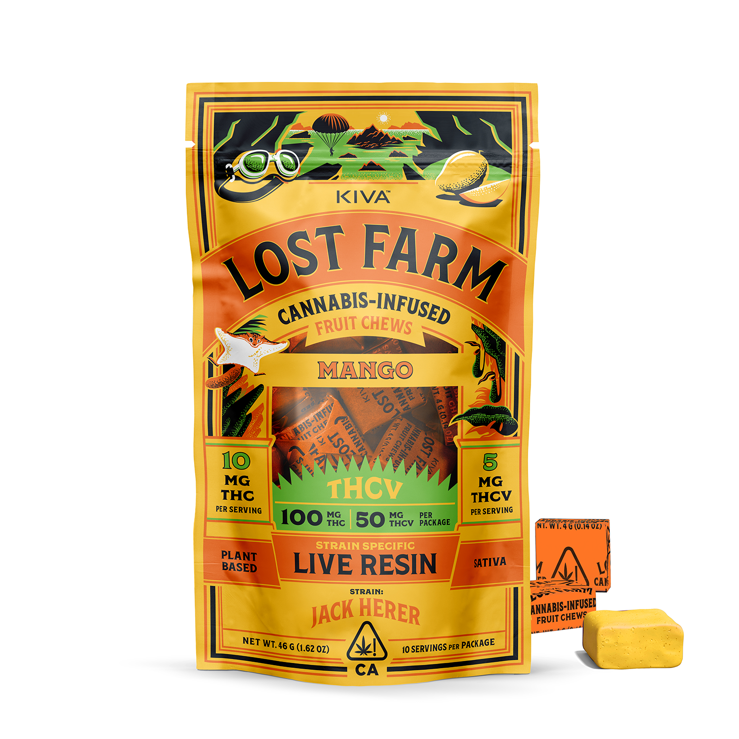Photograph of product: Lost Farm | Mango (Jack Herer) - 100mg 10THC:5THCv Live Rosin Chews