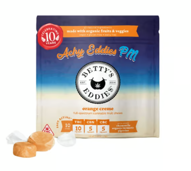 Photograph of product: Betty's Eddies | Fruit Chews | Ache Away Orange Cream PM | 2:1:1 TH-oui : CBN : CBC | 10pk 100mg
