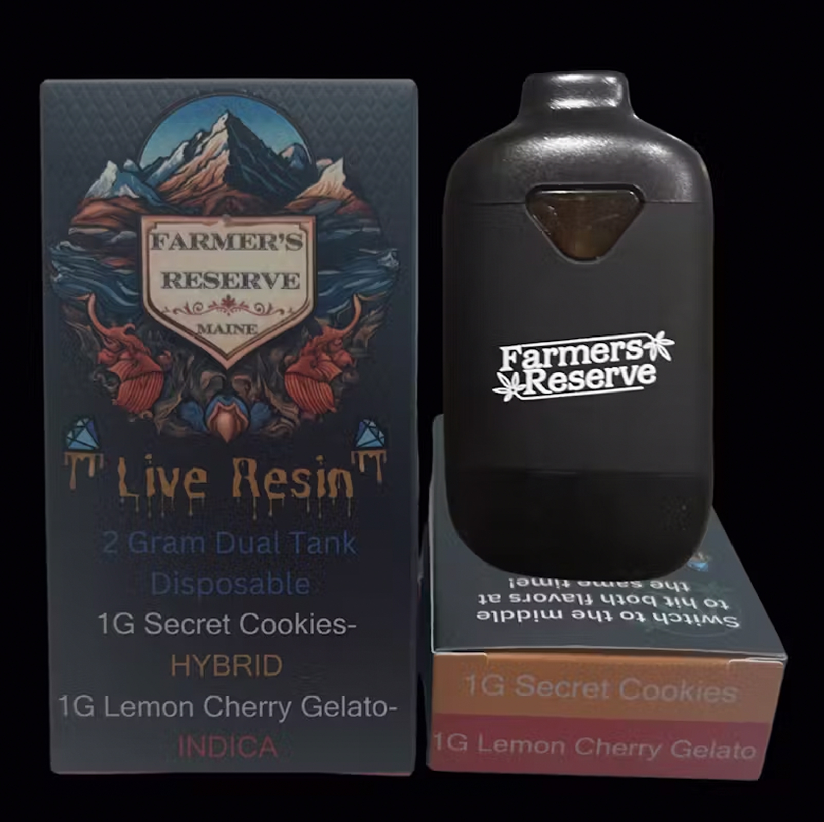 Photograph of product: Farmers Reserve Live Resin Dual Tank Disposable Cart. Secret Cookies / Lemon Cherry Gelato 2 G