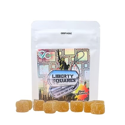 Photograph of Product: VETERANS CHOICE | LIBERTY SQUARES | MANGO STRAWBERRY | GUMMIES | 100MG