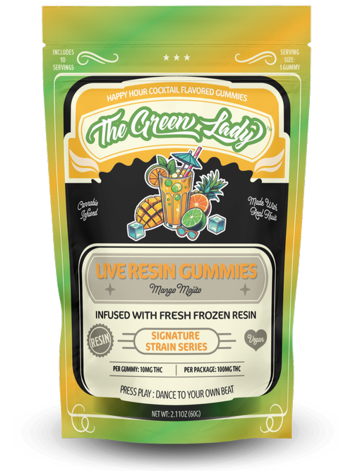 Photograph of product: THE GREEN LADY | MANGO MOJITO | SIGNATURE STRAIN LIVE RESIN GUMMIES | 100MG