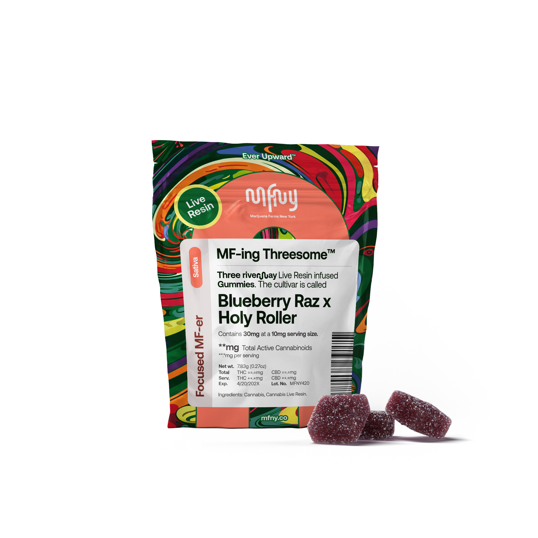 Photograph of product: MFNY | Live Resin Gummy 3pk | Blueberry Raz x Holy Roller | 30mg