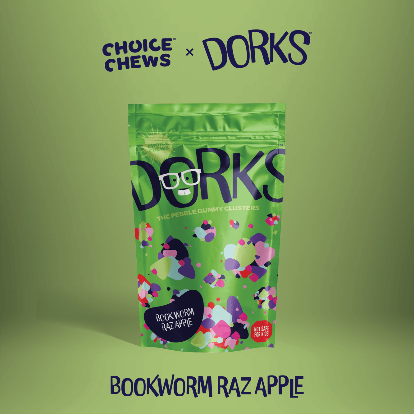 Photograph of product: Choice Chews (Dorks) | 100mg Edibles | Bookworm Raz Apple