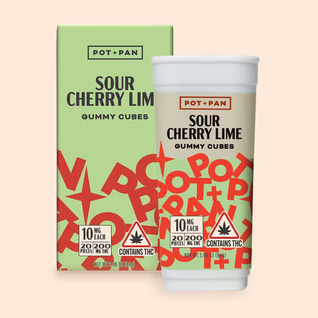 Photograph of product: Pot+Pan - Sour Cherry Lime - Oui'd Gummy Cubes - 200mg (20pk)