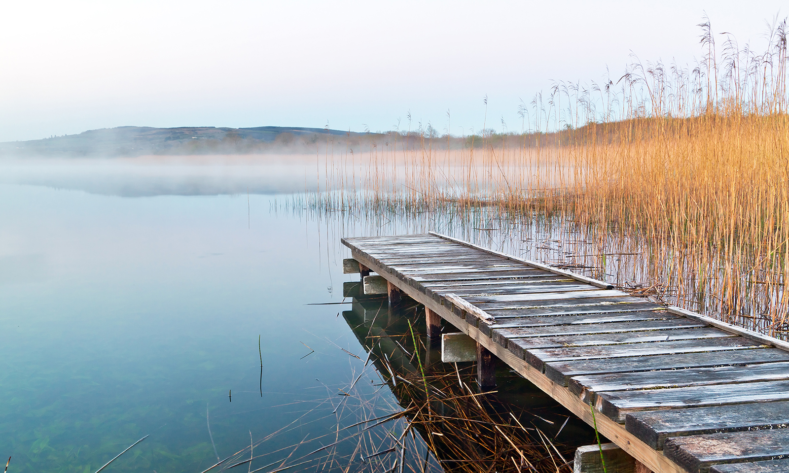 pier-sitting-calmly-over-lake-with-golden-grass-in-background